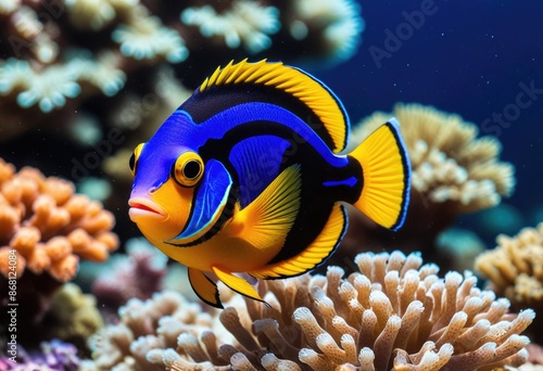 close-up view of a royal blue tang fish, surrounded by small, orange clownfish in a detailed coral reef environment..