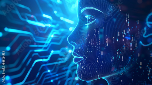 Artificial intelligence concept with digital human head profile and circuit board background. Digital technology, machine learning or deep nec rendering illustration of virtual face in blue colors.