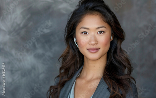 A headshot of a young trans female of East Asian descent wearing a grey blazer. She has long, dark hair and is looking directly at the camera