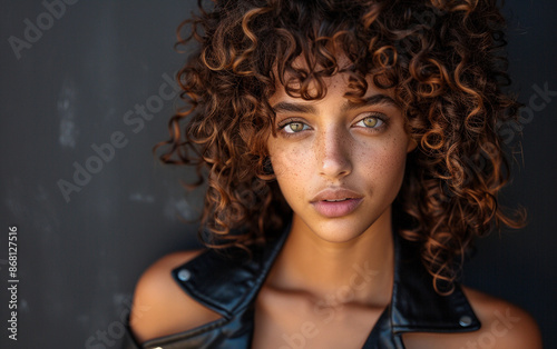 A close-up portrait of a young trans female with curly brown hair, wearing a black leather jacket