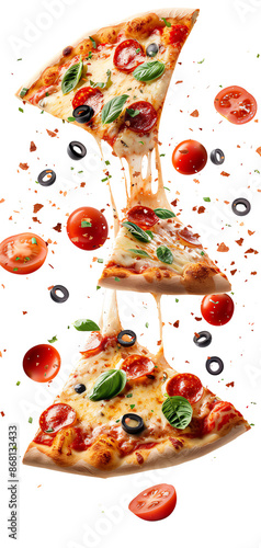 Slices of cheesy pizza with tomato, basil, and olives levitating against a white background, showcasing delicious toppings and gooey cheese.