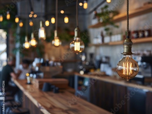 Artistic composition showcasing the vintage-inspired decor of a cafe, where wooden lamps and classic filament light bulbs hang gracefully above a communal dining area, creating a nostalgic and