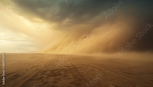 A dramatic sandstorm rolls across an empty desert under a menacing sky, capturing the raw power and beauty of nature's forces.