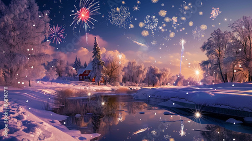 A serene winter landscape with fireworks lighting up the sky, reflecting off the snow-covered ground.