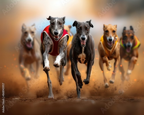 Action-packed greyhound race featuring five dogs sprinting on a dirt track, showcasing speed, competition, and determination.