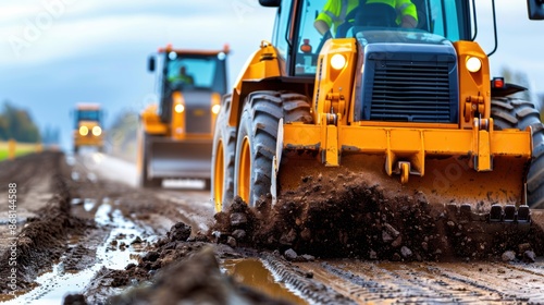 Close-up of heavy machinery working on a muddy construction site, showcasing earth-moving equipment and progress in infrastructure development.