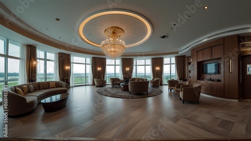 MINSK, BELARUS - JULY, 2017: full seamless panorama 360 by 180 angle view in interior of luxury guest relax waiting room in elite hotel equirectangular projection, skybox VR content 