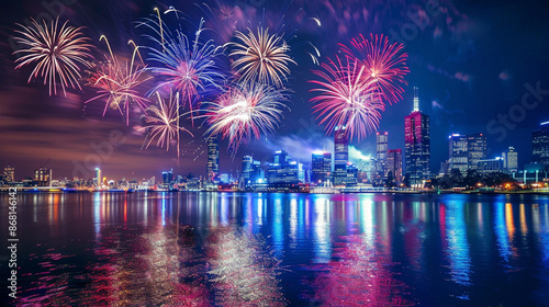 A stunning photograph of a city skyline illuminated by a spectacular New Year's fireworks display, with reflections in a calm river.