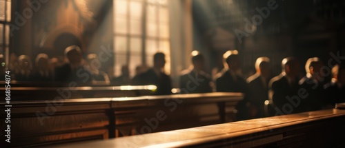 Silhouettes of people gathered in a church with sunlight streaming through the windows, creating a serene and solemn atmosphere.