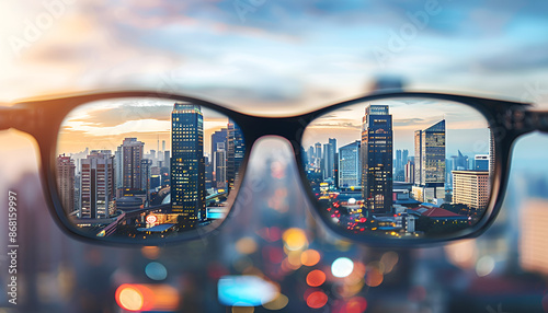 Vision correction. Cityscape becoming clearer when looking through glasses