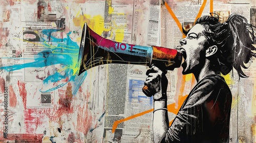 Graffiti, collage of grunge newspapers and painting, illustration of an iconic woman screaming in a megaphone, revolution for rights and equality,