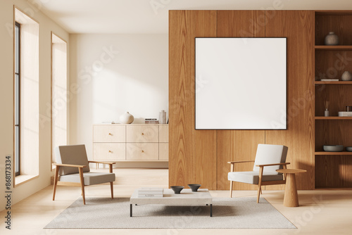Stylish home interior armchairs and drawer near window. Mockup frame