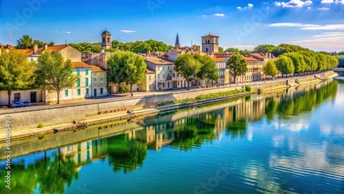 Picturesque view of the quays along the Rh?ne River in Arles, France, Arles, quays, Rh?ne River, France, cityscape