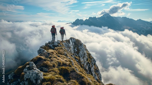 Scenic vista of hikers on a mountain ridge with clouds below