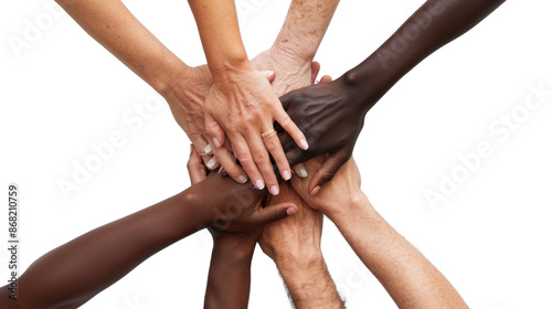 Multicultural diversity joining of hands, handshake, togetherness, community photo with diverse skin colors on transparent background