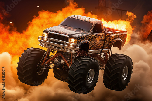 Monster truck engine exhaust belching flames. Generative AI