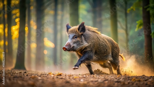 Wild boar running through forest with dust behind, wild, boar, running, forest, dust, wildlife, nature, fast, motion