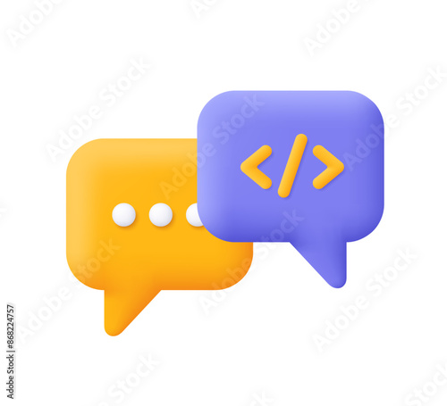 Code Chat. Speech bubble and code sign. Dialogue, chat, script, code. Information technology concept. 3d vector icon. Cartoon minimal style.