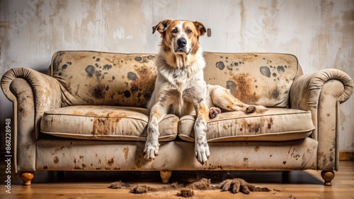 Mischievous canine, smeared in mud, slumps on once-pristine sofa, now tainted with dirty paw prints and muddy residue.