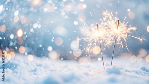 two burning sparklers in snow, empty nature party background for christmas or New Year's Eve, blurred winter backdrop, fireworks in snow landscape, celebrate for two, concept with copy space