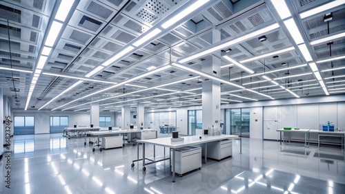 Modern sleek white ceiling with rows of bright energy-efficient LED light strips illuminating a spacious empty high-tech laboratory interior.