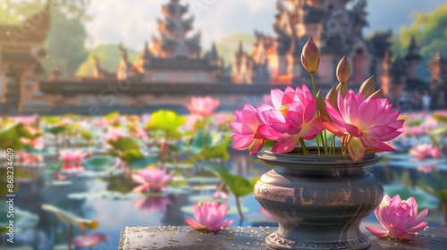 pink lotus flower on vase with temple background