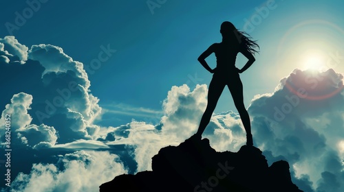 Silhouette of mental and physically strong woman standing on a mountain top. People. power. and strength concept.