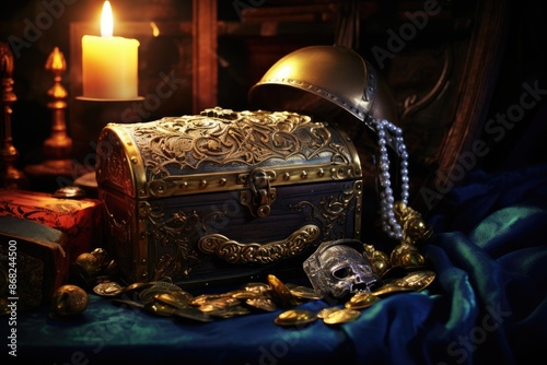 Pirate's cutlass and pistol on a treasure chest with moonlit bokeh lights.