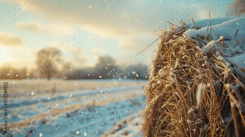 Closeup view of a haystack in a farm field in winter with snow