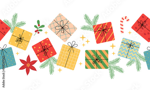 Seamless festive border with Christmas gifts. Pattern with colorful gifts. Edging, ribbon, border of outline festive Christmas symbols. Vector flat seamless border with gift boxes