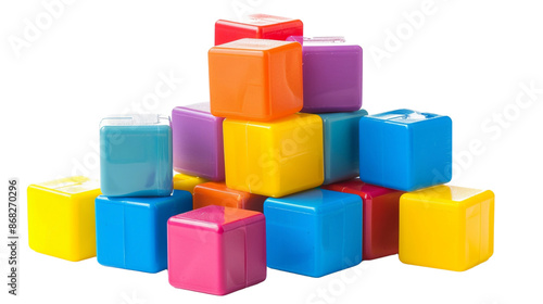 Colorful plastic toy blocks isolated on white background