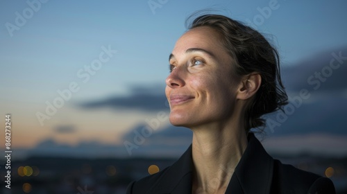 Peaceful woman enjoying twilight in the city