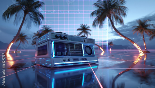 A futuristic radio with a blue light on it is on a table in front of a palm tree