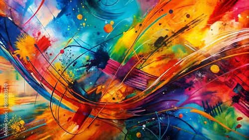 Vibrant abstract artwork features expressive grunge brush strokes, bold ink lines, and textured acrylic paint marks in a dynamic, free-spirited composition.