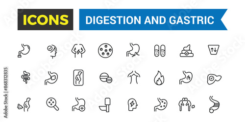 Digestion and Gastric icons collection. Outline icons pack. Editable vector line icon set and illustration for web and UI application.