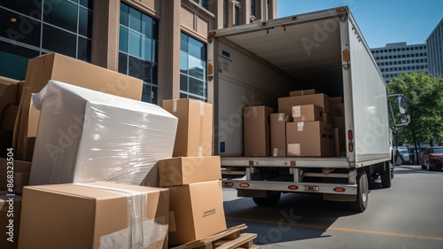 A moving truck unloaded with stacks of boxes in a city area with office buildings in the background.