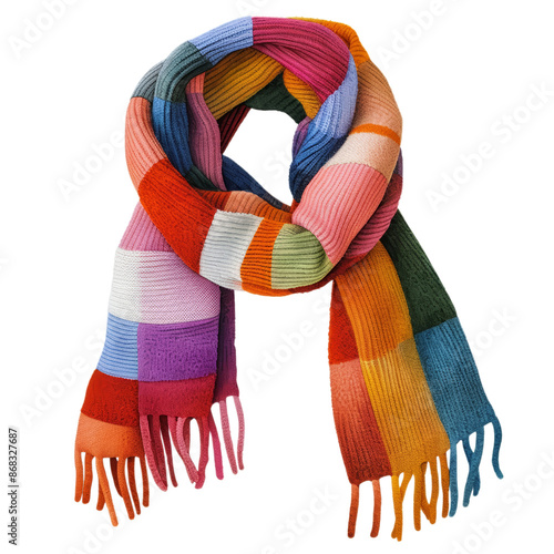 Cozy knitted scarf in rich autumn colors representing warm and festive fall season watercolor illustration isolated on a transparent background 