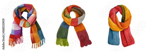 Three colorful knitted scarves isolated on a transparent background, ideal for autumn or winter fashion accessories and holiday gifts