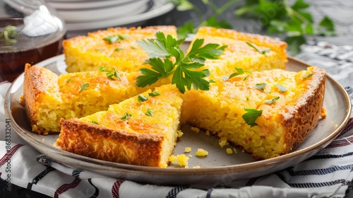 bbq cornbread slices with a sprig of parsley