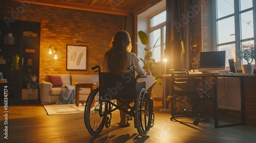 Teenage girl in wheelchair at home. 