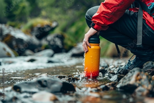 Using a Portable Water Filter Bottle While Camping by a River - Rugged Outdoor Survival Gear