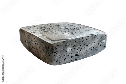 Detailed view of a square porous concrete block with a rough textured surface isolated on a white background, suitable for construction materials.