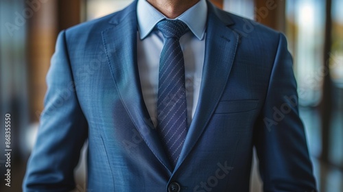 A man in a blue suit and tie stands in front of a wall