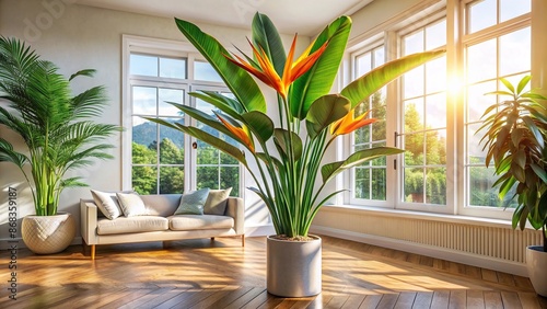 Vibrant living room interior with giant white bird of paradise, strelitzia nicolai, potted plant, natural light, wooden floor, and ample copy space, perfect for home decor ads.