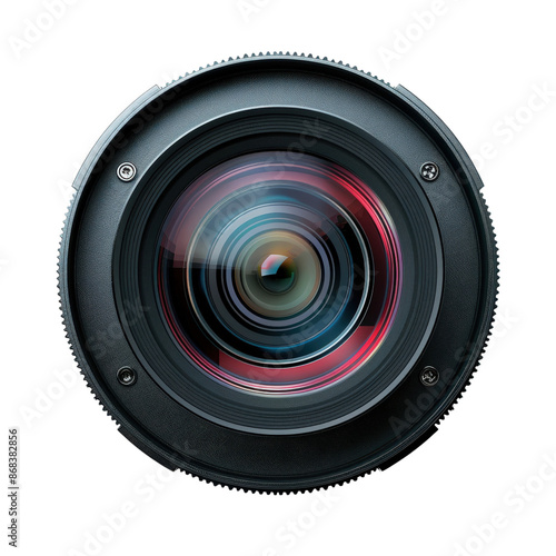 Close-up of a camera lens showing intricate details and reflections. Professional photography equipment for capturing high-quality images.