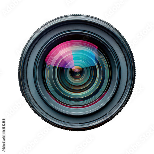 Close-up of a colorful camera lens, illustrating modern photography equipment with vibrant reflections.