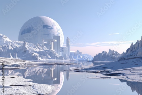 Futuristic icy landscape with a large, reflecting planet in the sky, showcasing a frozen lake, snowy mountains, and modern, minimalist buildings. 