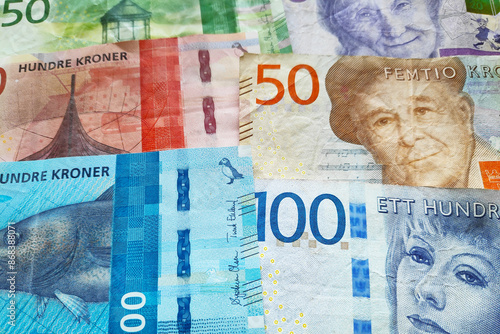 Close-up on a stack of Norwegian krone and Swedish Krona.