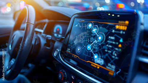 Close-up of a futuristic car dashboard featuring an advanced navigation system. The digital display shows detailed maps and navigation information, highlighting cutting-edge automotive technology.