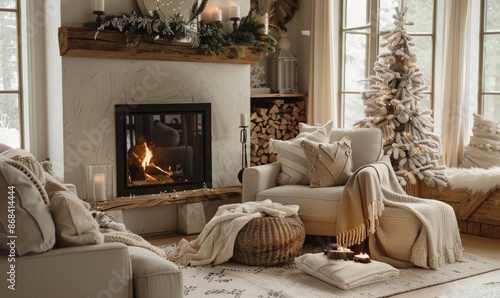 cozy winter living room with a fireplace, white walls, and neutral decorations, featuring comfortable armchairs with soft blankets, a wood stack, a Christmas tree